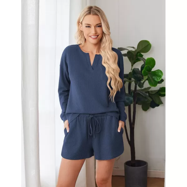 imageEkouaer Pajama Set for Women Waffle Knit Lounge Sets Long Sleeve Top and Shorts Matching Loungewear SXXLNavy Blue