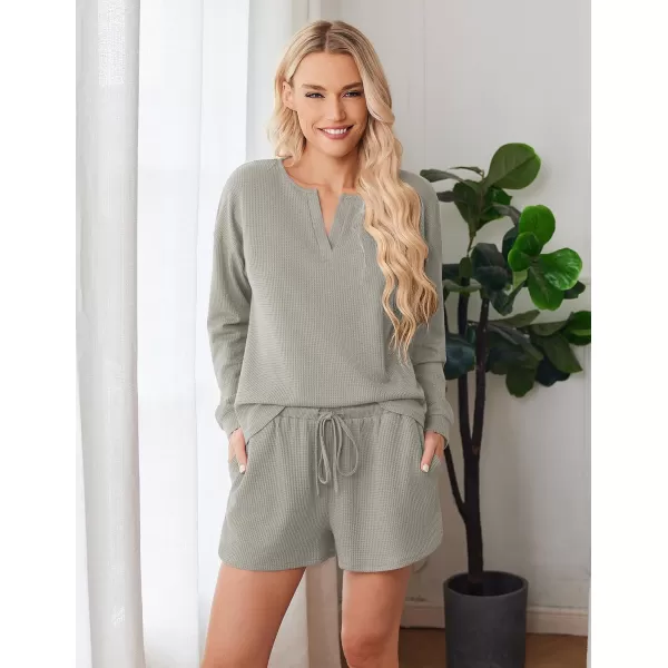 imageEkouaer Pajama Set for Women Waffle Knit Lounge Sets Long Sleeve Top and Shorts Matching Loungewear SXXLOlive Green