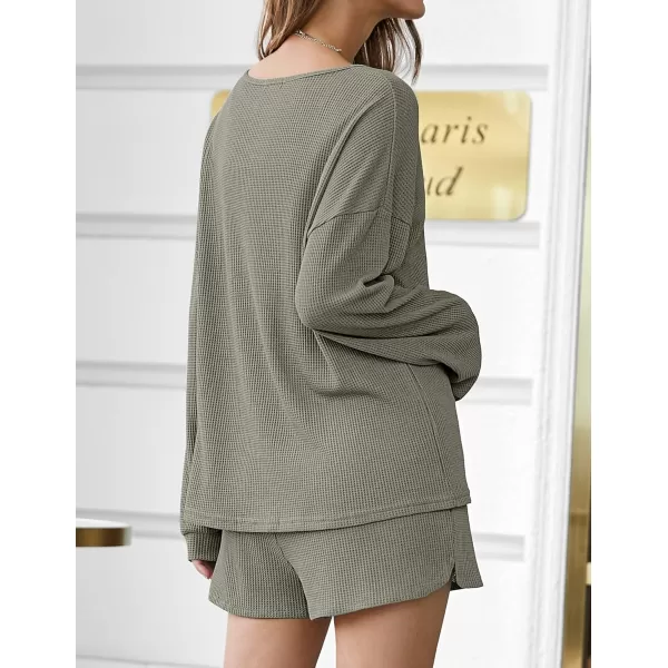 imageEkouaer Pajama Set for Women Waffle Knit Lounge Sets Long Sleeve Top and Shorts Matching Loungewear SXXLOlive Green