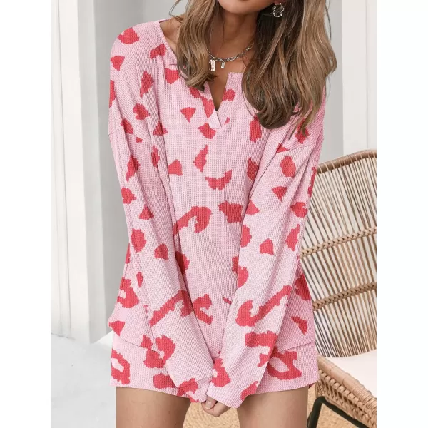 imageEkouaer Pajama Set for Women Waffle Knit Lounge Sets Long Sleeve Top and Shorts Matching Loungewear SXXLPink Leopard