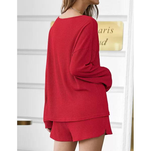 imageEkouaer Pajama Set for Women Waffle Knit Lounge Sets Long Sleeve Top and Shorts Matching Loungewear SXXLRed