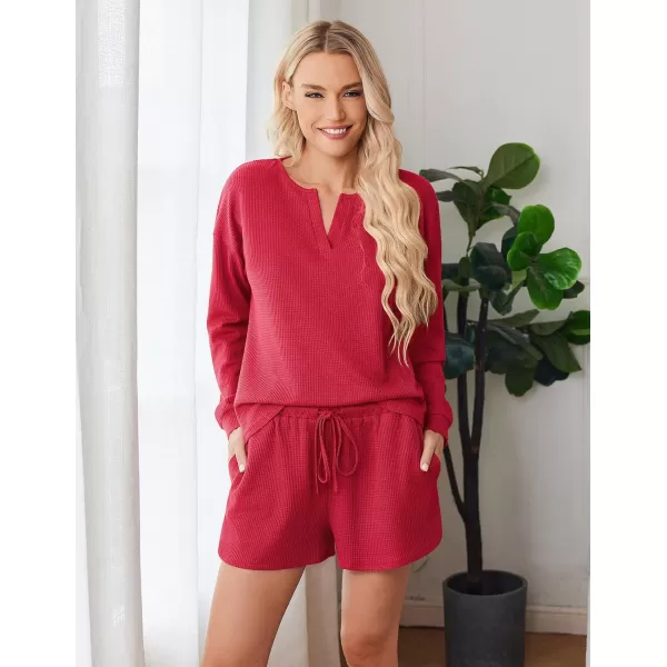 imageEkouaer Pajama Set for Women Waffle Knit Lounge Sets Long Sleeve Top and Shorts Matching Loungewear SXXLRed