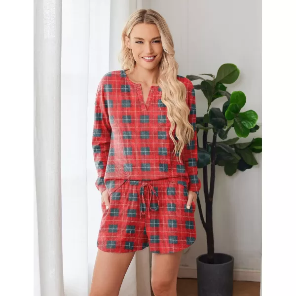 imageEkouaer Pajama Set for Women Waffle Knit Lounge Sets Long Sleeve Top and Shorts Matching Loungewear SXXLRed and Green Plaid