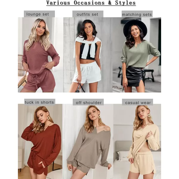 imageEkouaer Pajama Set for Women Waffle Knit Lounge Sets Long Sleeve Top and Shorts Matching Loungewear SXXLRose