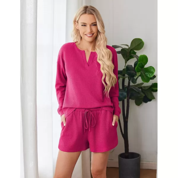 imageEkouaer Pajama Set for Women Waffle Knit Lounge Sets Long Sleeve Top and Shorts Matching Loungewear SXXLRose