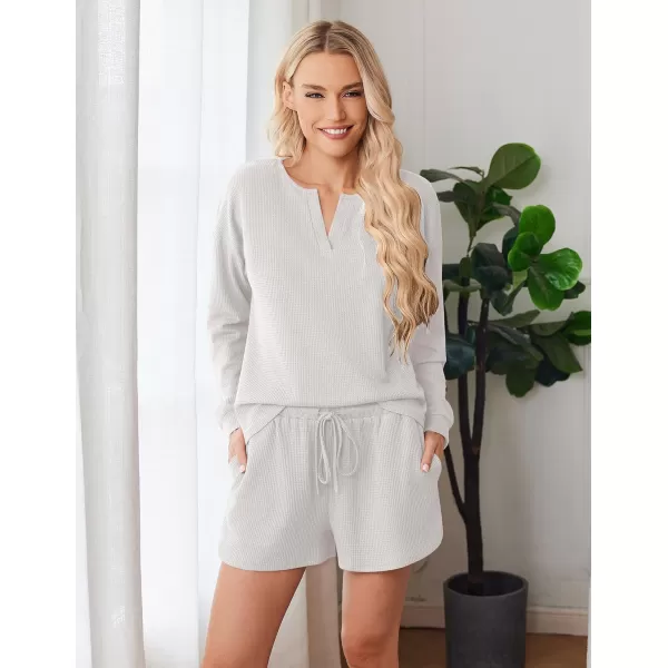 imageEkouaer Pajama Set for Women Waffle Knit Lounge Sets Long Sleeve Top and Shorts Matching Loungewear SXXLWhite