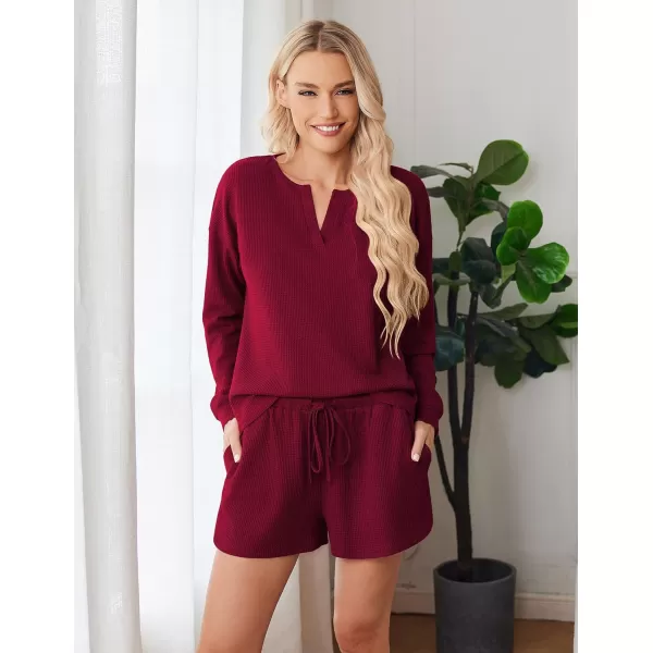 imageEkouaer Pajama Set for Women Waffle Knit Lounge Sets Long Sleeve Top and Shorts Matching Loungewear SXXLWine Red