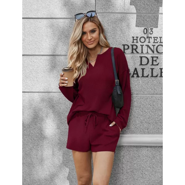 imageEkouaer Pajama Set for Women Waffle Knit Lounge Sets Long Sleeve Top and Shorts Matching Loungewear SXXLWine Red