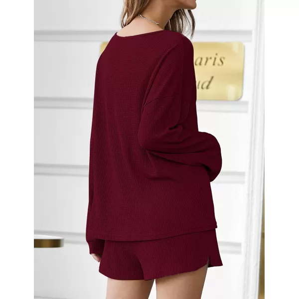 imageEkouaer Pajama Set for Women Waffle Knit Lounge Sets Long Sleeve Top and Shorts Matching Loungewear SXXLWine Red