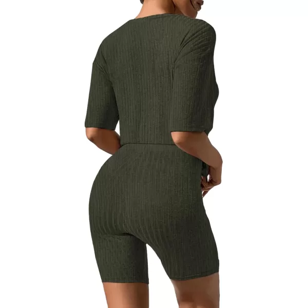 imageEkouaer Pajamas 2 Piece Lounge Sets Ribbed Knit Matching Outfits Tshirt Biker Shorts Sleepwear Loungewear SweatsuitsArmy Green