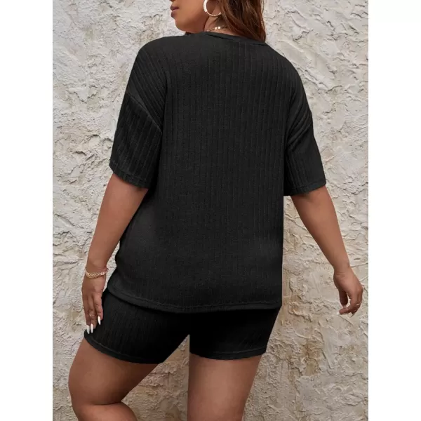 imageEkouaer Pajamas 2 Piece Lounge Sets Ribbed Knit Matching Outfits Tshirt Biker Shorts Sleepwear Loungewear SweatsuitsBlack