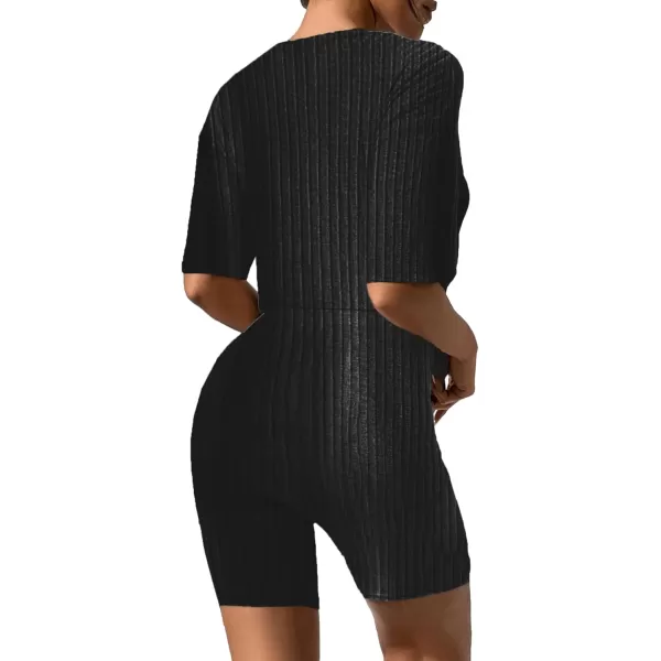imageEkouaer Pajamas 2 Piece Lounge Sets Ribbed Knit Matching Outfits Tshirt Biker Shorts Sleepwear Loungewear SweatsuitsBlack