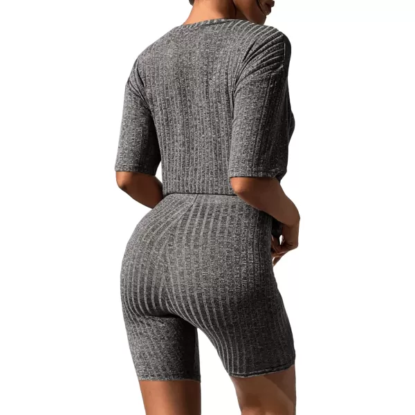 imageEkouaer Pajamas 2 Piece Lounge Sets Ribbed Knit Matching Outfits Tshirt Biker Shorts Sleepwear Loungewear SweatsuitsBlack Grey