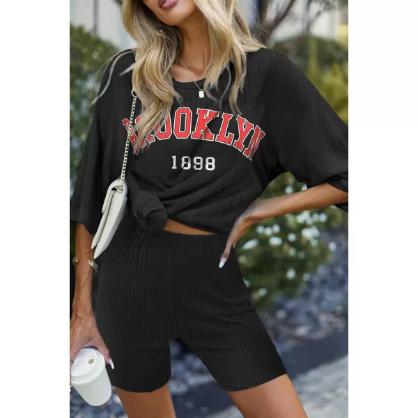 imageEkouaer Pajamas 2 Piece Lounge Sets Ribbed Knit Matching Outfits Tshirt Biker Shorts Sleepwear Loungewear SweatsuitsBlack Print