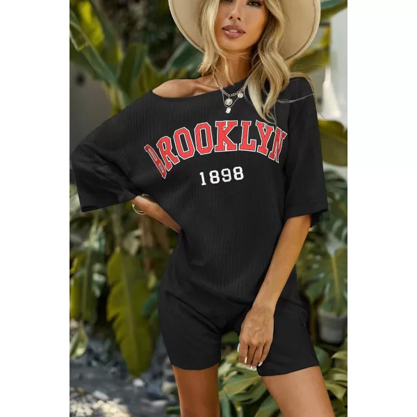 imageEkouaer Pajamas 2 Piece Lounge Sets Ribbed Knit Matching Outfits Tshirt Biker Shorts Sleepwear Loungewear SweatsuitsBlack Print