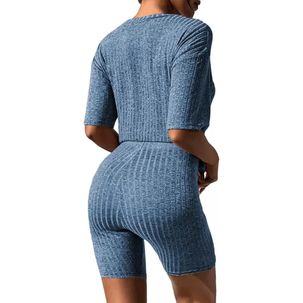 imageEkouaer Pajamas 2 Piece Lounge Sets Ribbed Knit Matching Outfits Tshirt Biker Shorts Sleepwear Loungewear SweatsuitsBlue