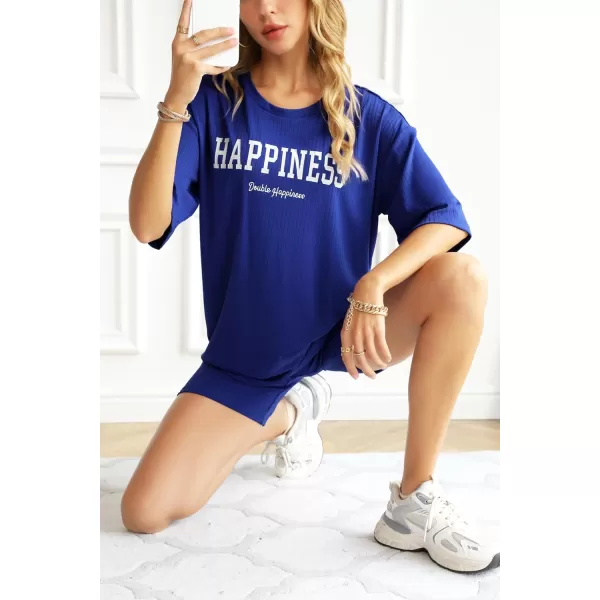 imageEkouaer Pajamas 2 Piece Lounge Sets Ribbed Knit Matching Outfits Tshirt Biker Shorts Sleepwear Loungewear SweatsuitsBlue Print