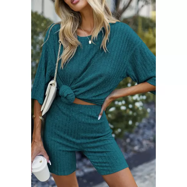 imageEkouaer Pajamas 2 Piece Lounge Sets Ribbed Knit Matching Outfits Tshirt Biker Shorts Sleepwear Loungewear SweatsuitsBlue and Green