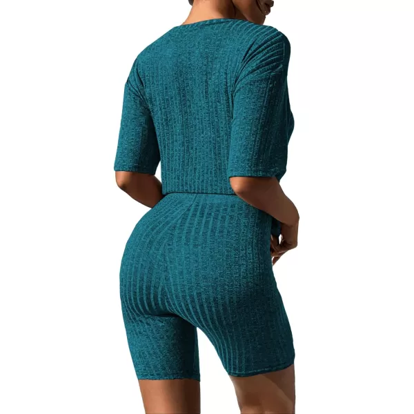 imageEkouaer Pajamas 2 Piece Lounge Sets Ribbed Knit Matching Outfits Tshirt Biker Shorts Sleepwear Loungewear SweatsuitsBlue and Green