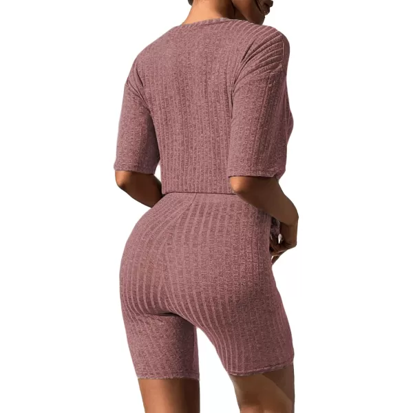 imageEkouaer Pajamas 2 Piece Lounge Sets Ribbed Knit Matching Outfits Tshirt Biker Shorts Sleepwear Loungewear SweatsuitsBurgundy