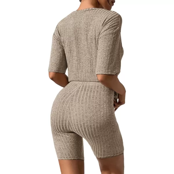 imageEkouaer Pajamas 2 Piece Lounge Sets Ribbed Knit Matching Outfits Tshirt Biker Shorts Sleepwear Loungewear SweatsuitsCamel