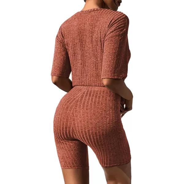 imageEkouaer Pajamas 2 Piece Lounge Sets Ribbed Knit Matching Outfits Tshirt Biker Shorts Sleepwear Loungewear SweatsuitsCaramel