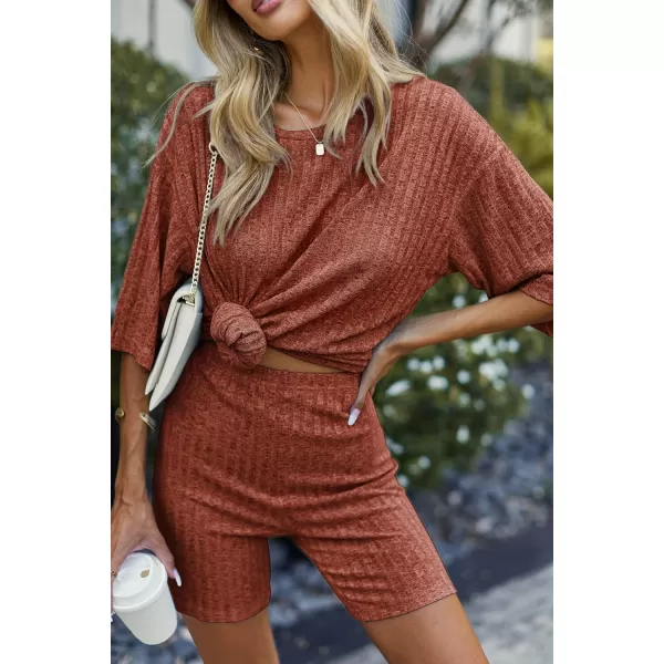 imageEkouaer Pajamas 2 Piece Lounge Sets Ribbed Knit Matching Outfits Tshirt Biker Shorts Sleepwear Loungewear SweatsuitsCaramel
