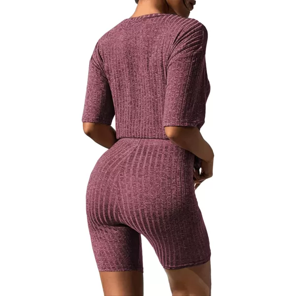imageEkouaer Pajamas 2 Piece Lounge Sets Ribbed Knit Matching Outfits Tshirt Biker Shorts Sleepwear Loungewear SweatsuitsDark Red