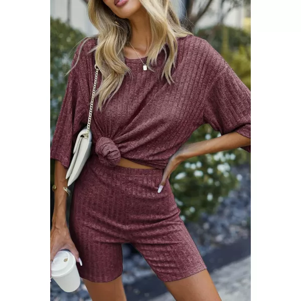 imageEkouaer Pajamas 2 Piece Lounge Sets Ribbed Knit Matching Outfits Tshirt Biker Shorts Sleepwear Loungewear SweatsuitsDark Red