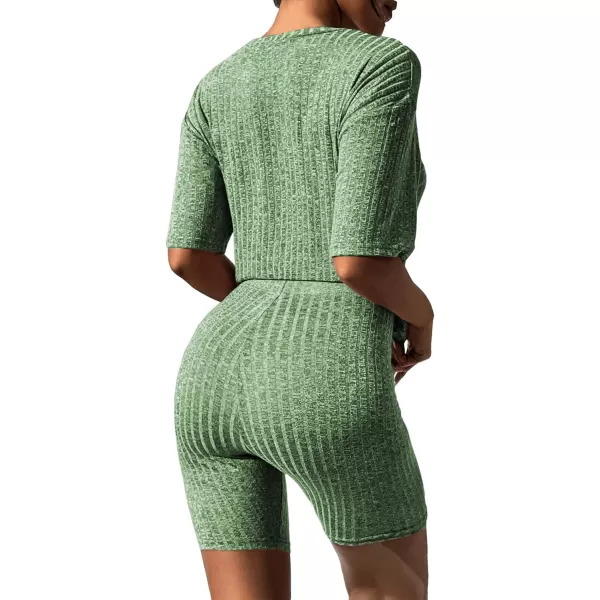 imageEkouaer Pajamas 2 Piece Lounge Sets Ribbed Knit Matching Outfits Tshirt Biker Shorts Sleepwear Loungewear SweatsuitsGreen