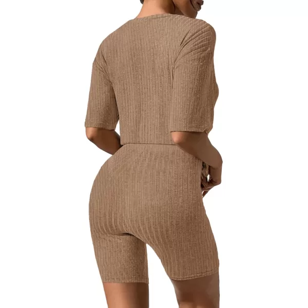 imageEkouaer Pajamas 2 Piece Lounge Sets Ribbed Knit Matching Outfits Tshirt Biker Shorts Sleepwear Loungewear SweatsuitsKhaki