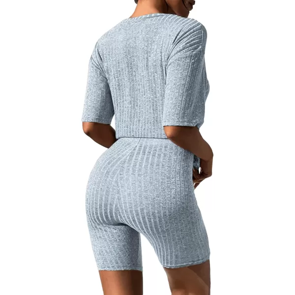 imageEkouaer Pajamas 2 Piece Lounge Sets Ribbed Knit Matching Outfits Tshirt Biker Shorts Sleepwear Loungewear SweatsuitsLight Blue