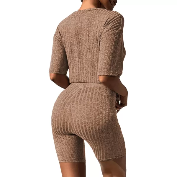 imageEkouaer Pajamas 2 Piece Lounge Sets Ribbed Knit Matching Outfits Tshirt Biker Shorts Sleepwear Loungewear SweatsuitsLight Brown
