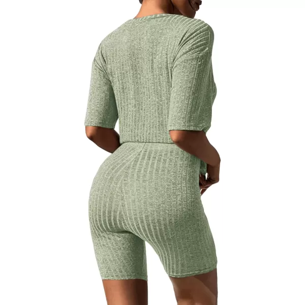 imageEkouaer Pajamas 2 Piece Lounge Sets Ribbed Knit Matching Outfits Tshirt Biker Shorts Sleepwear Loungewear SweatsuitsLight Green