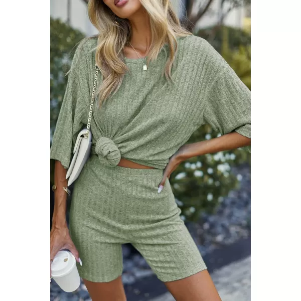 imageEkouaer Pajamas 2 Piece Lounge Sets Ribbed Knit Matching Outfits Tshirt Biker Shorts Sleepwear Loungewear SweatsuitsLight Green