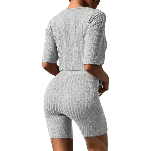 imageEkouaer Pajamas 2 Piece Lounge Sets Ribbed Knit Matching Outfits Tshirt Biker Shorts Sleepwear Loungewear SweatsuitsLight Grey