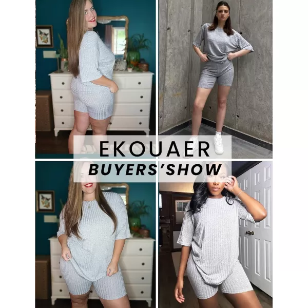 imageEkouaer Pajamas 2 Piece Lounge Sets Ribbed Knit Matching Outfits Tshirt Biker Shorts Sleepwear Loungewear SweatsuitsLight Grey