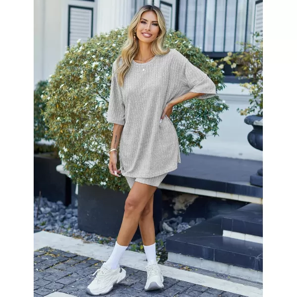 imageEkouaer Pajamas 2 Piece Lounge Sets Ribbed Knit Matching Outfits Tshirt Biker Shorts Sleepwear Loungewear SweatsuitsLight Grey