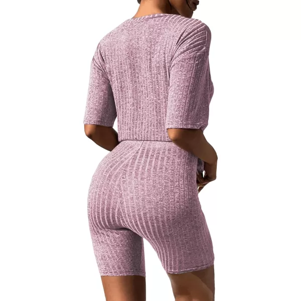 imageEkouaer Pajamas 2 Piece Lounge Sets Ribbed Knit Matching Outfits Tshirt Biker Shorts Sleepwear Loungewear SweatsuitsLight Pink