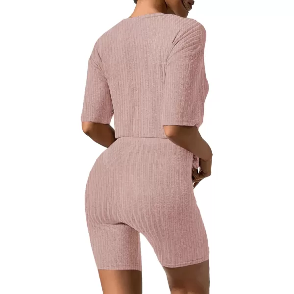 imageEkouaer Pajamas 2 Piece Lounge Sets Ribbed Knit Matching Outfits Tshirt Biker Shorts Sleepwear Loungewear SweatsuitsPink