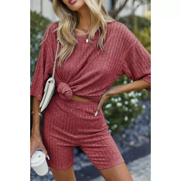 imageEkouaer Pajamas 2 Piece Lounge Sets Ribbed Knit Matching Outfits Tshirt Biker Shorts Sleepwear Loungewear SweatsuitsRed