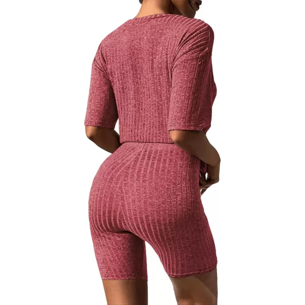 imageEkouaer Pajamas 2 Piece Lounge Sets Ribbed Knit Matching Outfits Tshirt Biker Shorts Sleepwear Loungewear SweatsuitsRed