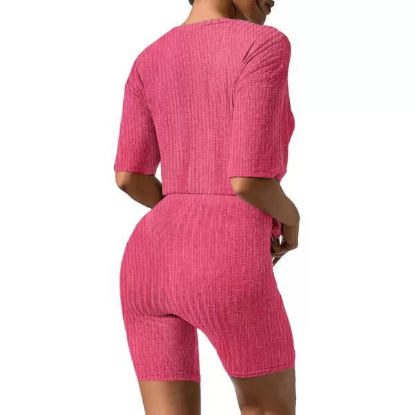 imageEkouaer Pajamas 2 Piece Lounge Sets Ribbed Knit Matching Outfits Tshirt Biker Shorts Sleepwear Loungewear SweatsuitsRose Pink