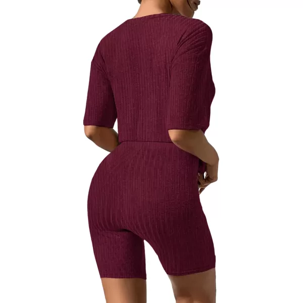 imageEkouaer Pajamas 2 Piece Lounge Sets Ribbed Knit Matching Outfits Tshirt Biker Shorts Sleepwear Loungewear SweatsuitsWine Red