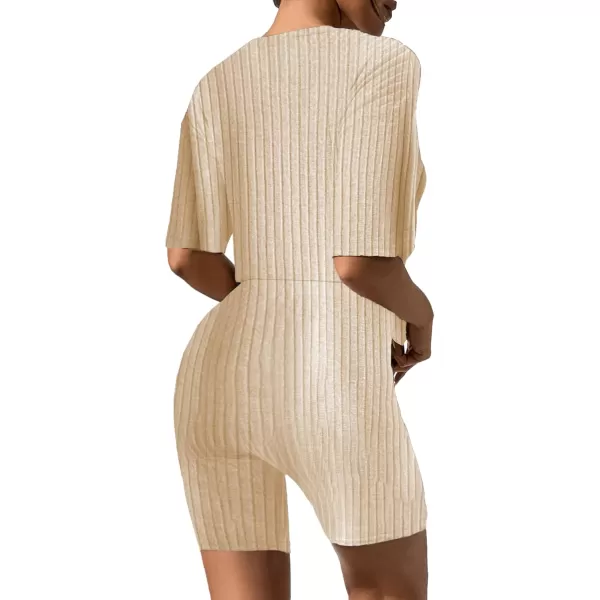 imageEkouaer Pajamas 2 Piece Lounge Sets Ribbed Knit Matching Outfits Tshirt Biker Shorts Sleepwear Loungewear SweatsuitsYellow