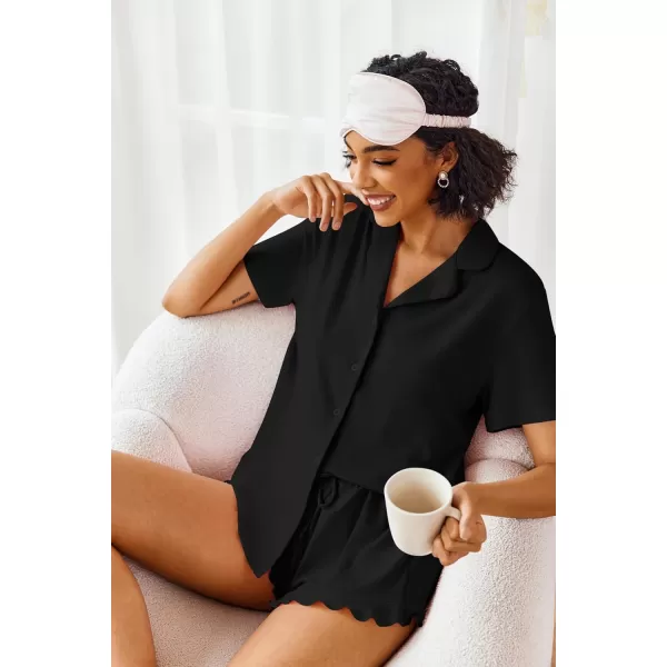 imageEkouaer Pajamas Set for Women Short Sleeve Sleepwear Button Down Pjs Lounge Sets Soft NightwearBlack