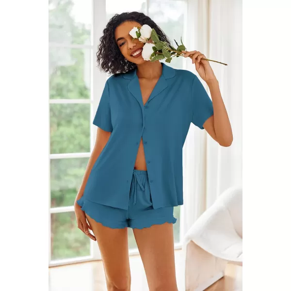 imageEkouaer Pajamas Set for Women Short Sleeve Sleepwear Button Down Pjs Lounge Sets Soft NightwearBlue Green