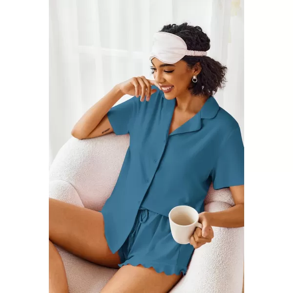 imageEkouaer Pajamas Set for Women Short Sleeve Sleepwear Button Down Pjs Lounge Sets Soft NightwearBlue Green