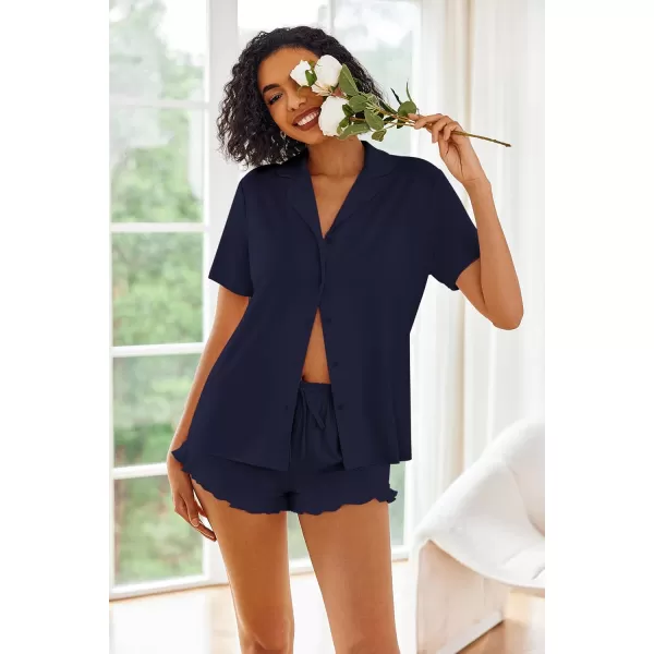 imageEkouaer Pajamas Set for Women Short Sleeve Sleepwear Button Down Pjs Lounge Sets Soft NightwearNavy Blue