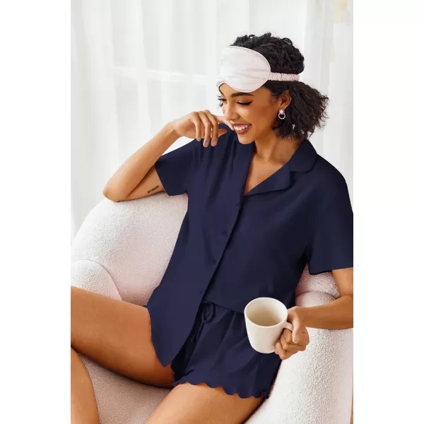 imageEkouaer Pajamas Set for Women Short Sleeve Sleepwear Button Down Pjs Lounge Sets Soft NightwearNavy Blue